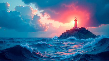 Lighthouse stands tall on a rocky outcrop against a vibrant sunset illuminating the ocean waves in dramatic colors