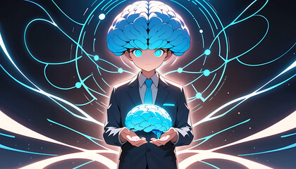 Businessman Holding Glowing Blue Brain Hologram Representing Artificial Intelligence and Innovation

