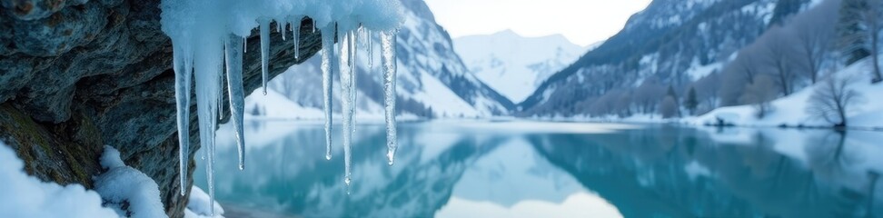Icicle hanging from a frozen waterfall in the Swiss Alps, swiss alps, mountain lakes