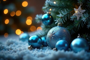 Icy blue and clear glass Christmas balls scattered around the base of a tall Christmas tree, holiday lights, clear glass