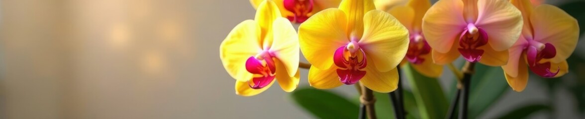 Pink and yellow Phalaenopsis orchid flowers in a vase, blooms, yellow, vases
