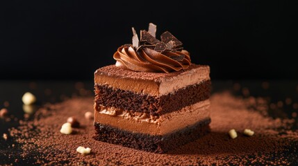 A delicious chocolate cake with a creamy frosting. Featuring indulgence and sweetness