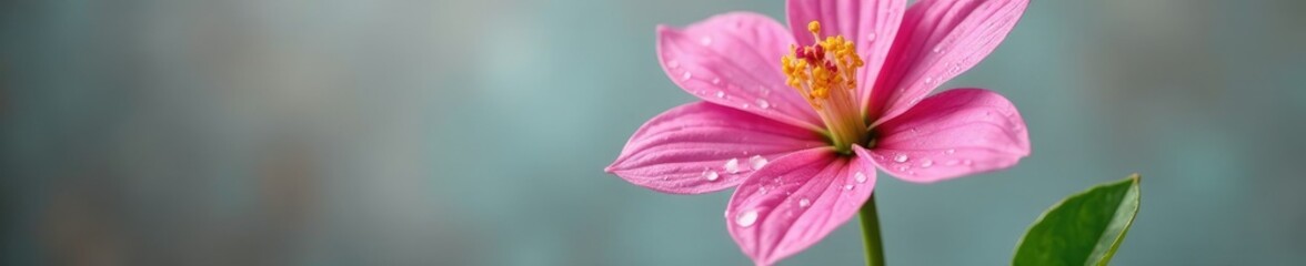 Fototapeta premium Pink flower with water droplets and green stem in a vase, drops, vases, botanical