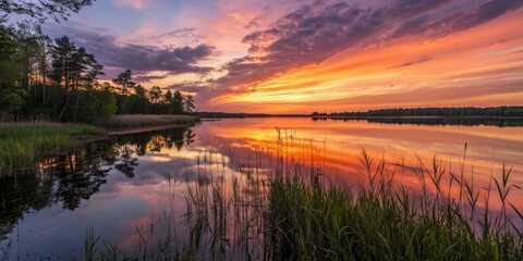 Obraz premium Serene sunset paints the lake, mirrored perfection. Peaceful nature, long exposure captures tranquility. Copy space provided.
