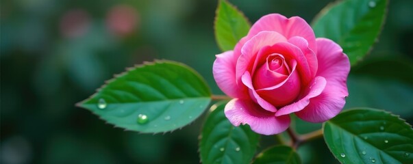 Pink rose water droplets glistening on a leaf surface, green, leaf, winter