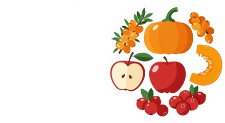 Autumn harvest of pumpkin, apple and berries for thanksgiving card, autumnal market crop assortment, food composition for farm product advertisements