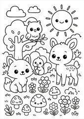 Cute black and white forest scene for coloring. Features a deer, fox, squirrel, owl, trees, mushrooms, flowers, and a smiling sun. Perfect for kids' coloring books.