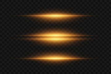 Collection of golden light rays of light, neon light lines.