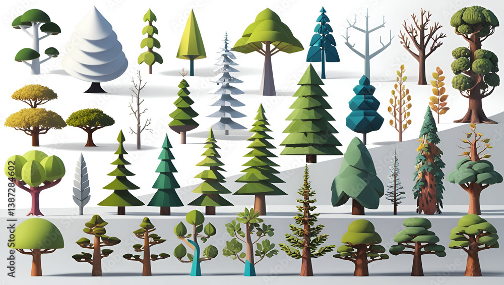 Aufkleber set of isometric trees with a mix of realistic and stylized forms, rendered from various perspective
