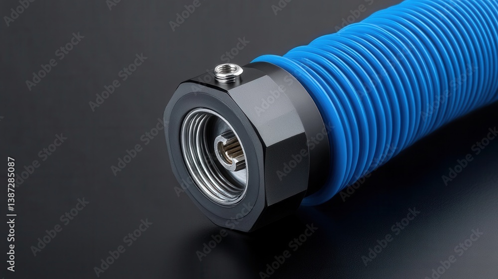 Poster close-up view of a flexible blue hose with metallic connector on a dark background