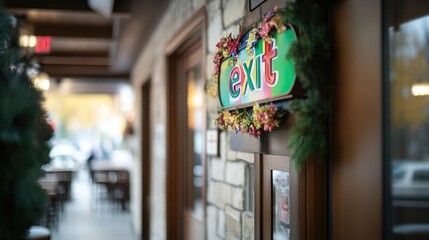 Colorful exit sign on a stone building exterior