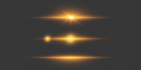 Collection of golden light rays of light, neon light lines.