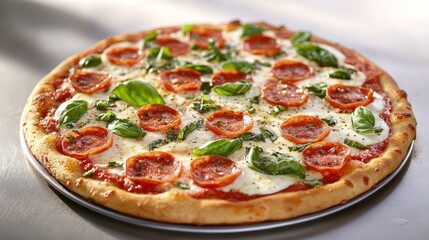 A delicious Margherita pizza with fresh basil and mozzarella. Featuring simplicity and flavor