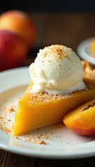 Scoop of vanilla ice cream on top of an apricot pie garnished with a sprinkle, dessert plate, sweet and tangy