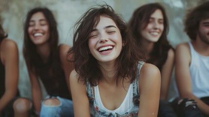 Obraz premium A group of friends laughing while one person in the group sits quietly, feeling isolated.