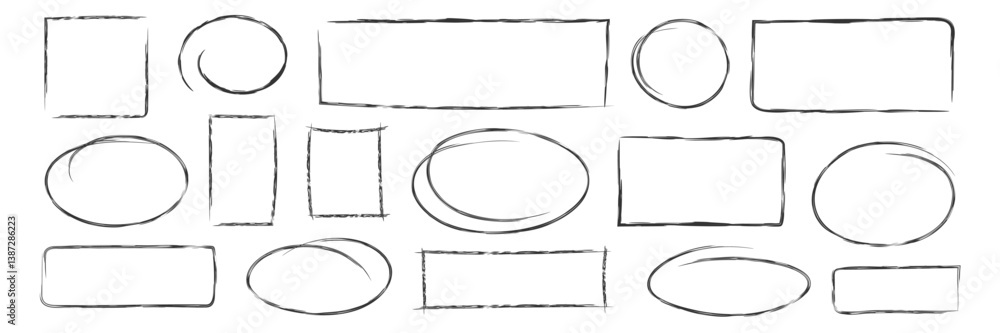 Poster minimalist abstract frames with brush stroke texture. hand drawn sketchy rectangle circle frame set 