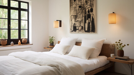 Chambre à coucher, plan sur un lit de couleurs claires et épurées, dans les tons blanc et beige. Drap, oreiller, couverture. Décorations, lumières douces. Pour conception et création graphique.