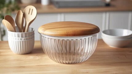 Crisp clear jar with bamboo lid styled beside neutral-toned kitchenware