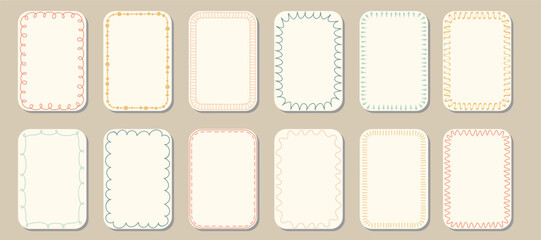 Aesthetic Rectangle stickers with playful, wavy, zigzag borders. Sticker frames with doodle outlines. Template for stationery, planner, social media graphic, handmade product label, tag, packaging