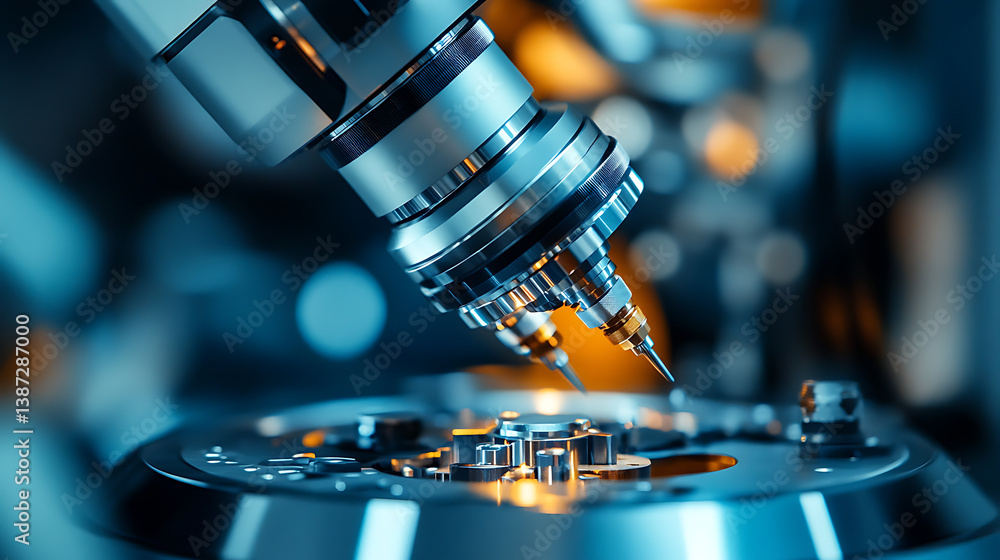 Poster a robotic arm installing micro optics in an advanced camera lens, extreme precision with laser align