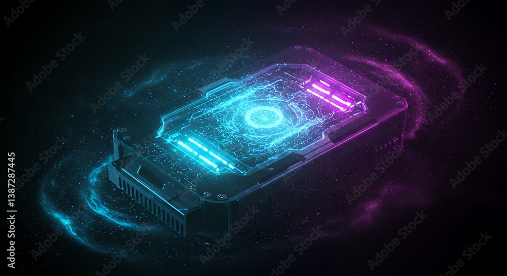 Poster futuristic technology device with neon lighting and abstract energy field displaying advanced comput