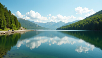 Naklejka premium Tranquil lakeside view with passing cars, nature and travel serenity
