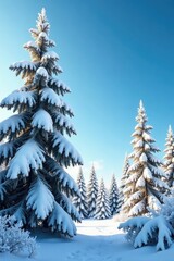 Fototapeta premium Snow-covered pine branches against a blue sky, frosty, trees