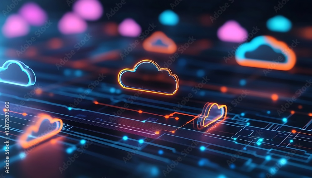 Poster digital illustration of cloud computing technology with glowing data streams and icons representing 