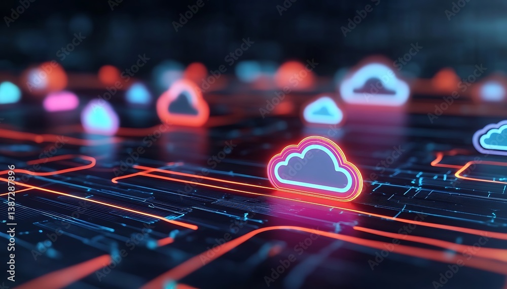 Poster digital illustration of cloud computing technology with glowing data streams and icons representing 