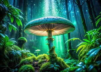 Surreal rainforest: colossal mushrooms pierce a double-exposed sky, creating fantastical art.