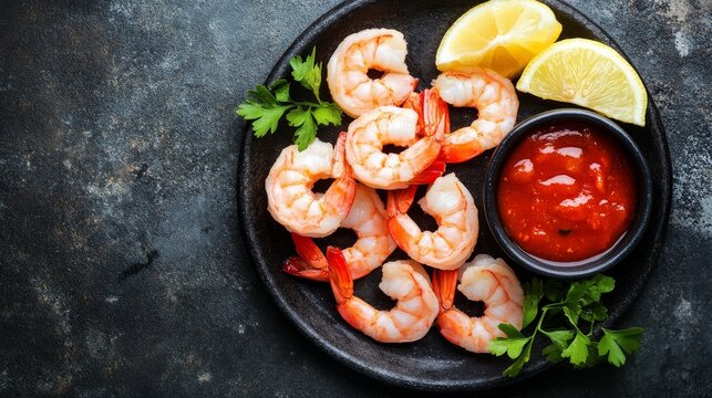 A delicious shrimp cocktail served with cocktail sauce and lemon wedges. Featuring freshness and indulgence