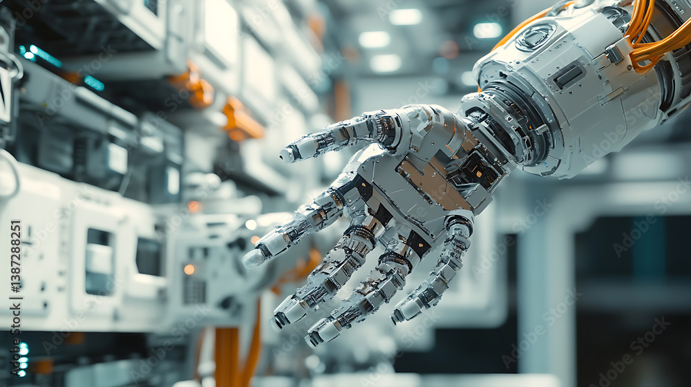 Poster a space grade robotic arm repairing a satellite in orbit, advanced ai-driven tools floating in zero 