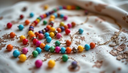 Beaded Necklace Scatter Visualize an arrangement of colorful beads scattered across a contrasting fabric.