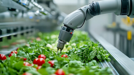 A state of the art robotic arm in a food processing plant, delicately handling fresh ingredients with AI precision, Hygienic style