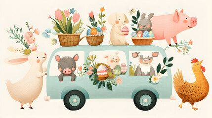 Naklejka premium A cute Easter caravan of farm animals, carrying baskets of eggs and spring flowers
