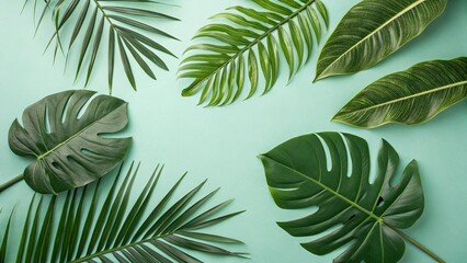 Vibrant tropical leaves flat lay on a refreshing mint backdrop.  Eco-friendly banner design.