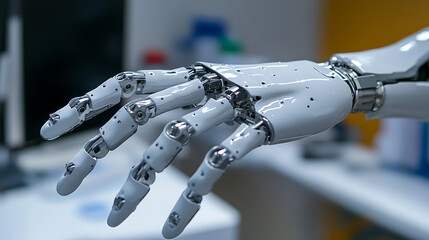 An advanced robotic arm in a medical prosthetics lab, fine-tuning the grip strength of a bionic hand, Medical style