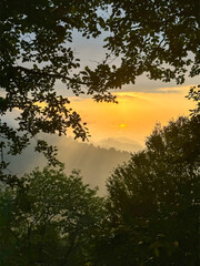 Obraz premium nature sunset silhouette, sunlight peeks through branches, casting silhouettes against the sky the setting or rising sun bathes the scene in warm golden light, with distant hills or mountains and