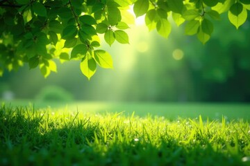 Obraz premium Softly lit green leaves cast dappled shadows on the ground, green, landscape, shadow