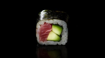 A delicious sushi roll with tuna, avocado, and cucumber. Featuring freshness and delicacy