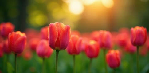 Obraz premium Soothing tulip garden at dawn with gentle bokeh effect, gardens, flowers