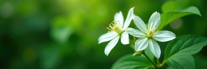 White Clematis flammula flowers on a green stem with leafy foliage, botanical photography, nature scenes, clematis flammula