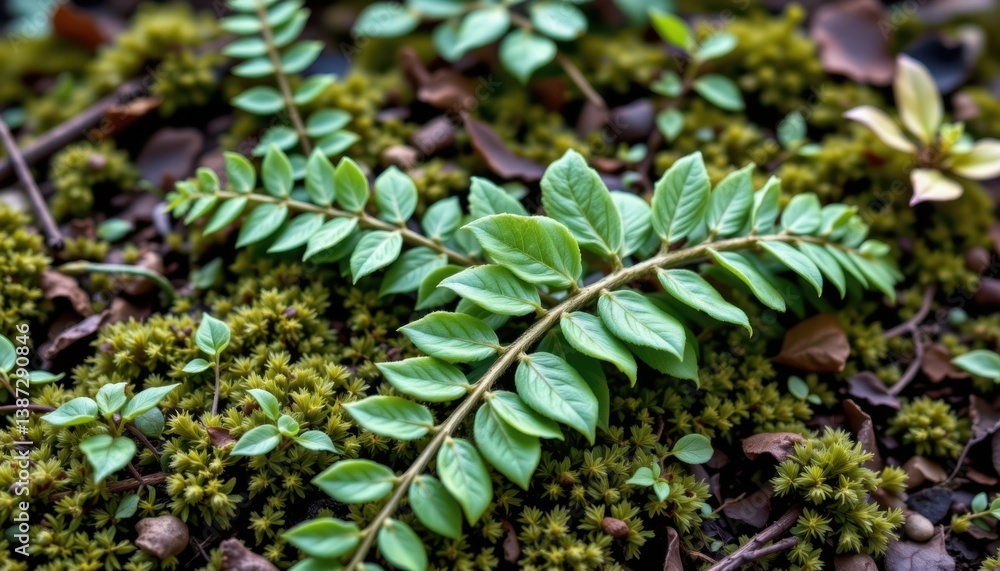 Poster fern leaves and moss generate an image combining delicate fern leaves interspersed with soft moss.