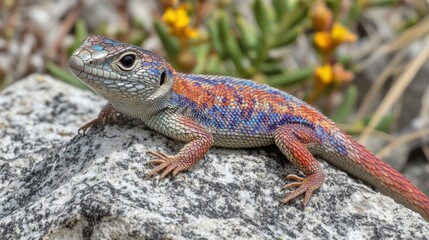 Fototapeta premium Colorful lizard basking on a rock in a vibrant natural habitat during the day