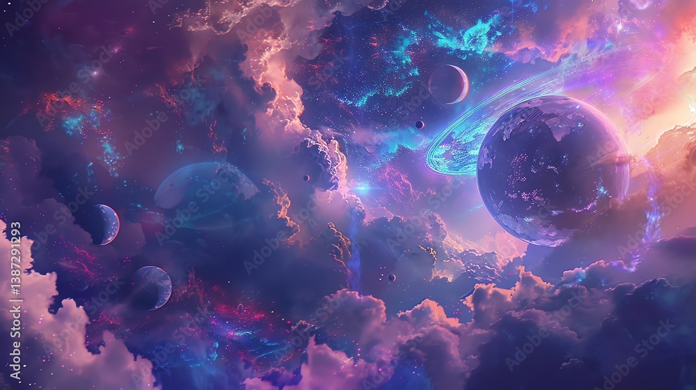 Poster this is a beautiful space-themed image. there are several planets and moons floating in a sea of sta