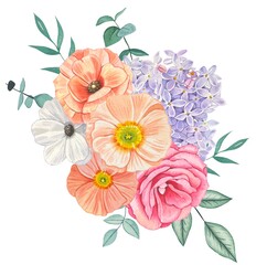 Spring floral bouquet. Floral arrangement with roses, lilacs, poppies. Watercolor illustration