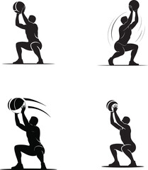 Man Exercising With Medicine Ball Squat Silhouette Vector Illustration Set