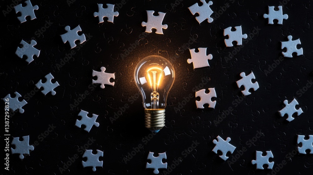 Poster a bright lightbulb illuminating puzzle pieces, representing collaboration and problem-solving in a c
