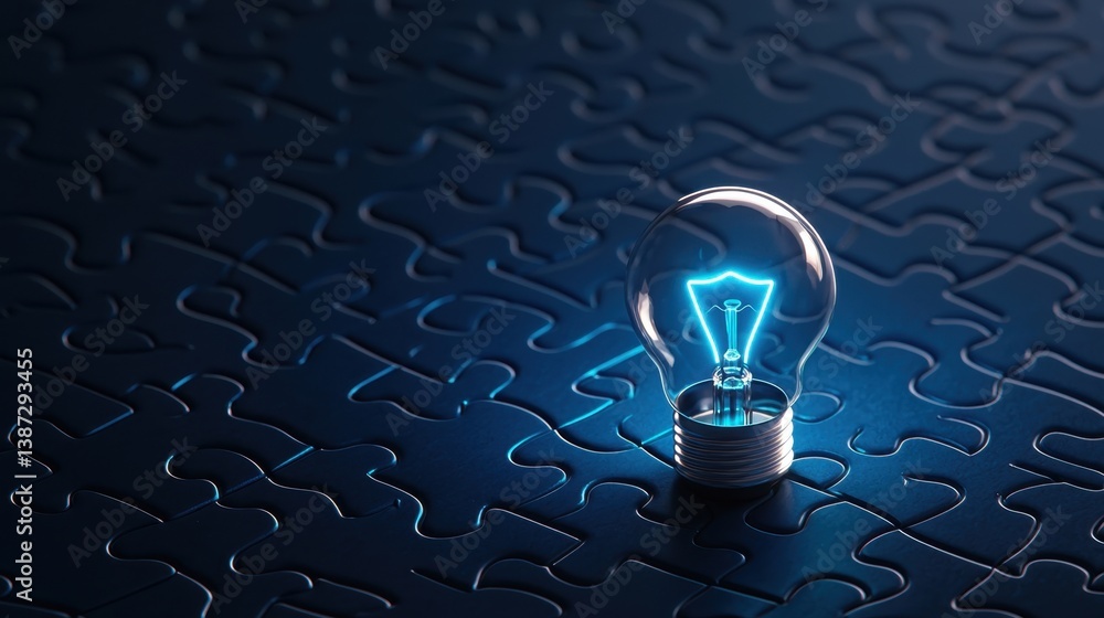 Poster a bright lightbulb illuminating puzzle pieces, representing collaboration and problem-solving in a c