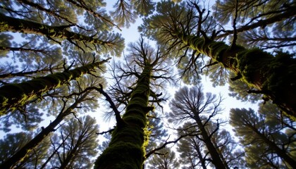 Fototapeta premium Mossy Forest Canopy Generate an image looking up at a forest canopy with moss clinging to branches.